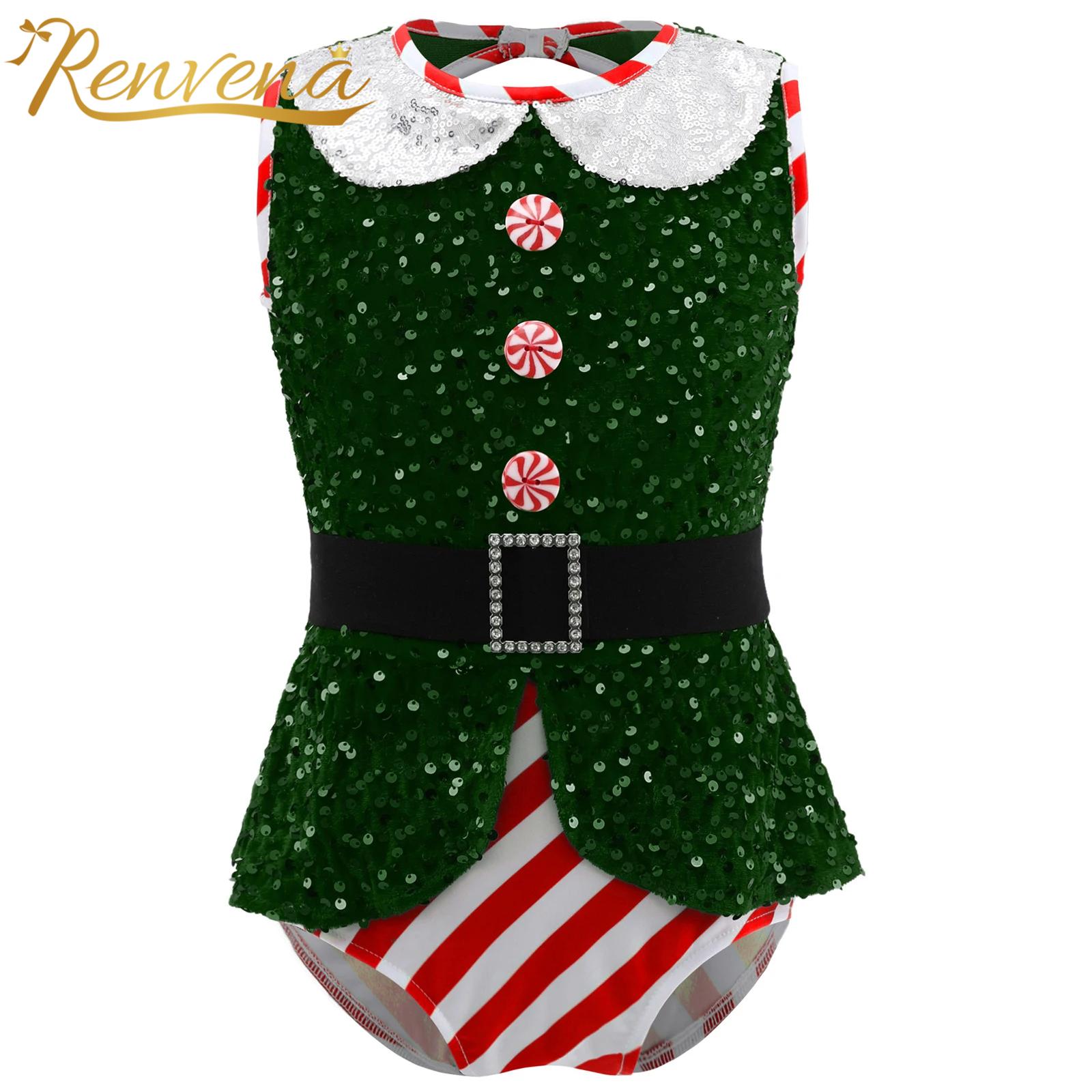 Elf Costume Christmas - Girls Sparkly Sequins Jumpsuits Sleeveless Bodysuit