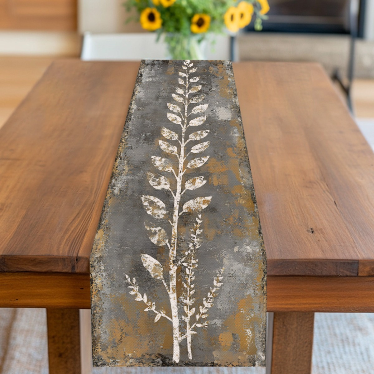 Christmas Table Runner - Vintage Gray White Leaves Table Runner,