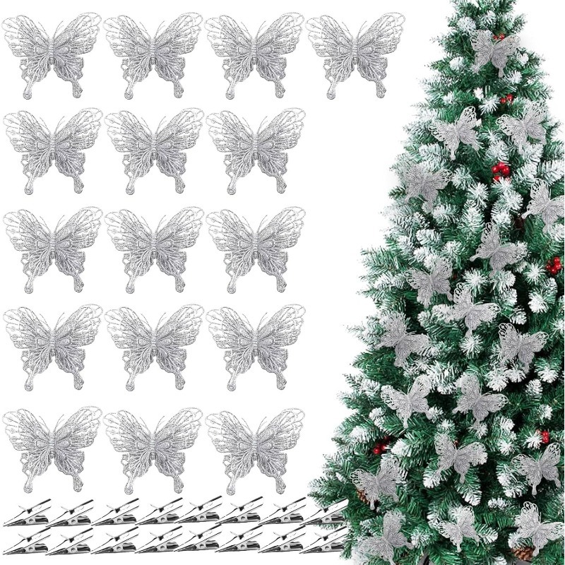 Christmas Wreath Fake - Silver Glitter Hollow Butterfly Clips Ornaments