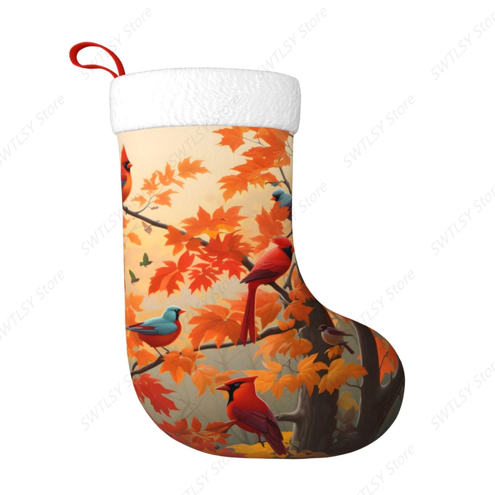 Christmas Stocking Hanging - Fall Cardinal Birds and Maple-Leaves Large