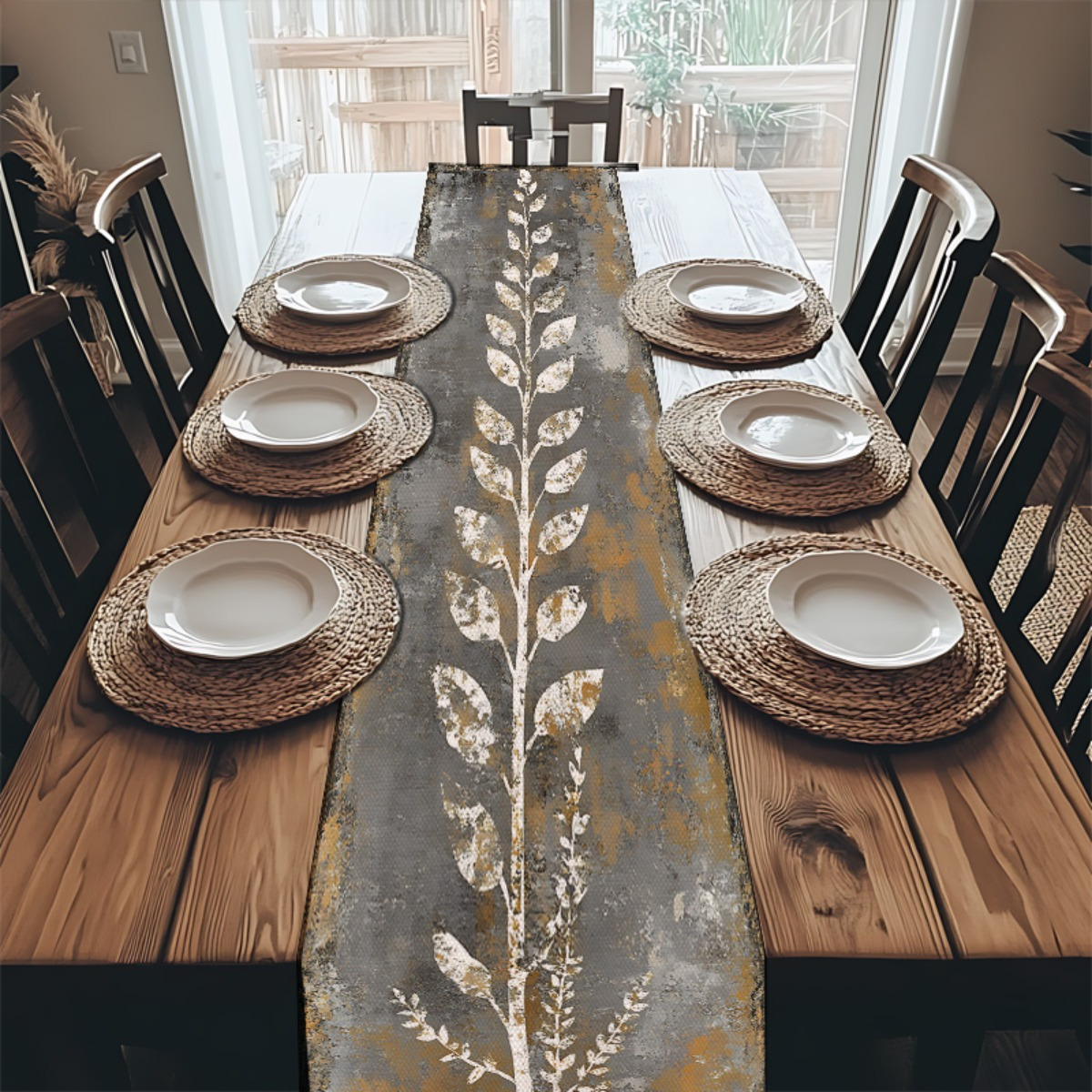 Vintage Gray White Leaves Tabl - Christmas Table Runner ulasan dan harga
