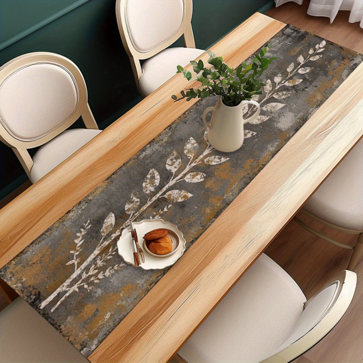 Vintage Gray White Leaves Tabl - Christmas Table Runner ulasan dan harga